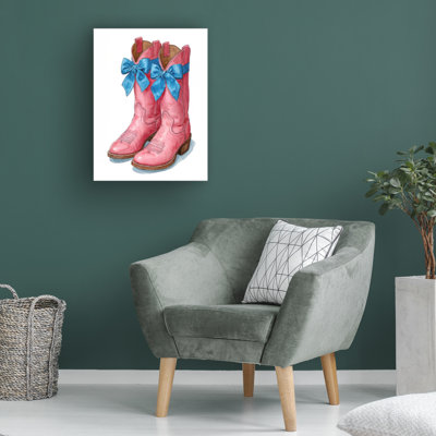Wrapped Canvas Wall Art - Imagine It Images 'Pink Cowboy Boots wrapped in a Blue Bow' Wall Art for Living Room, Bedroom, or Office Décor  - 14x19