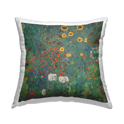 Coussin décoratif abstrait à imprimé de fleurs de fleurs abstraites vertes par Gustav Klimt