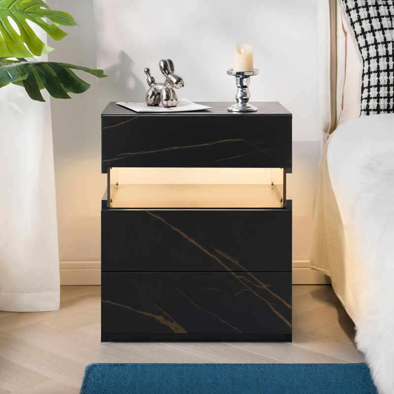 Table de chevet moderne à 3 tiroirs à DEL moderne avec éclairage doux, Noir et or