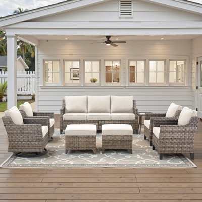 9 - Person Outdoor Wicker Patio Conversation Furniture Sofa Set With Swivel Chairs & Ottomans