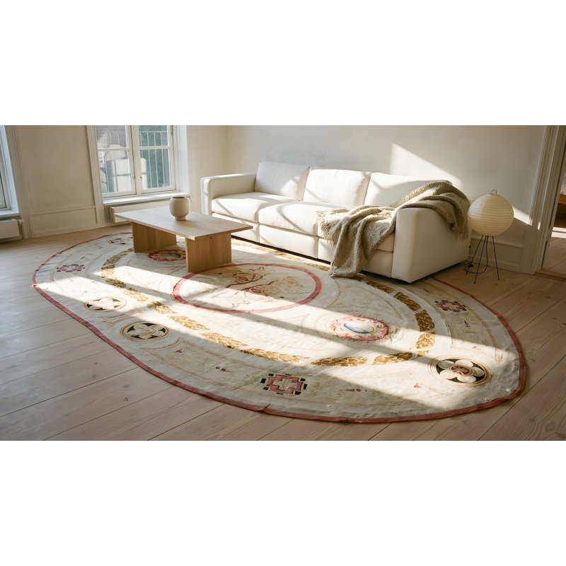 Rectangle Wool Floral Medallion Antique Ivory Beige Cream White 1880s Hand Knotted Pile Rug