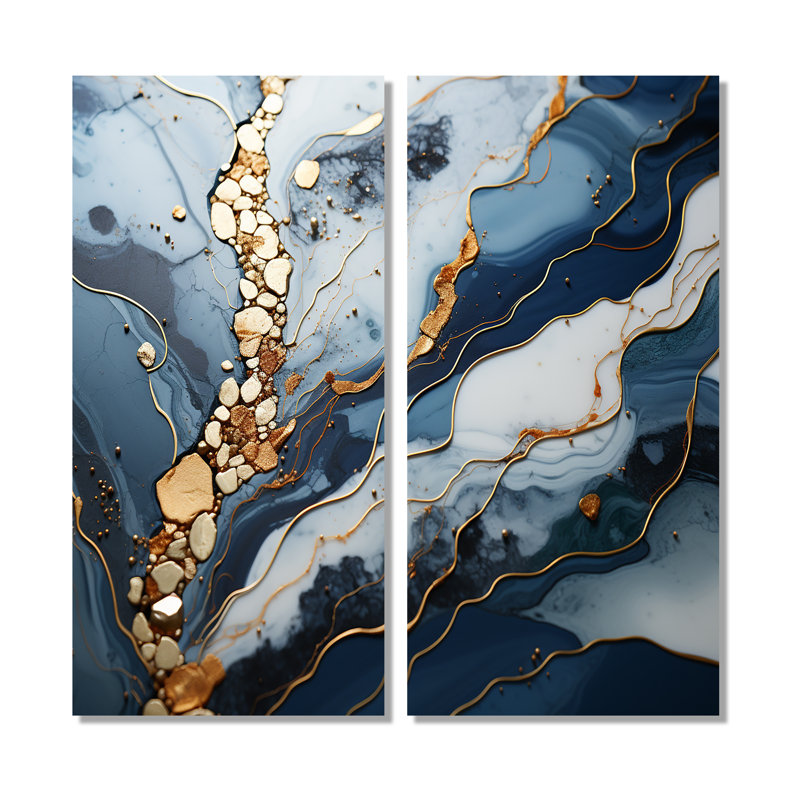 Bleu et or rivière de marbre II - décoration murale moderne, H 20 po x l 24 po, Toile tendue, Ne s’applique pas