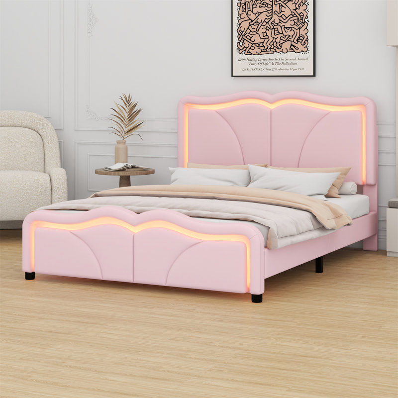 Lit plateforme tapissier avec tête de lit courbée et bandes lumineuses à DEL, Double, Rose