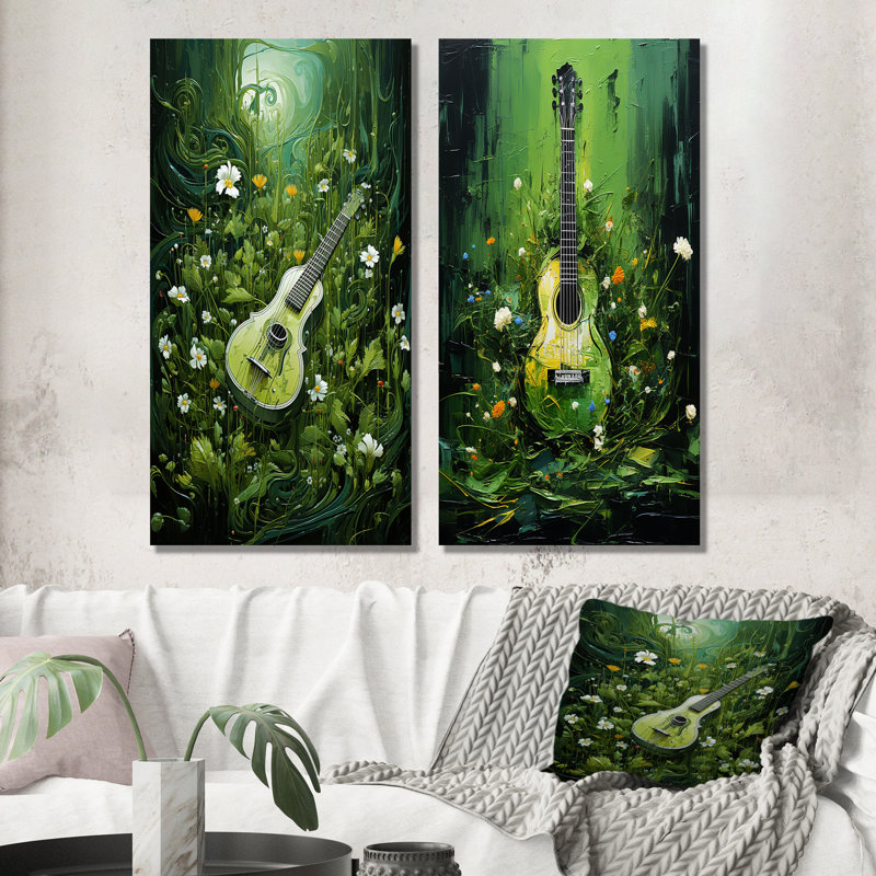 «Music Guitare Meadows Grass Green», ensemble de 2 reproductions d'art sur toile, Toile tendue, H 32 po x l 33 po