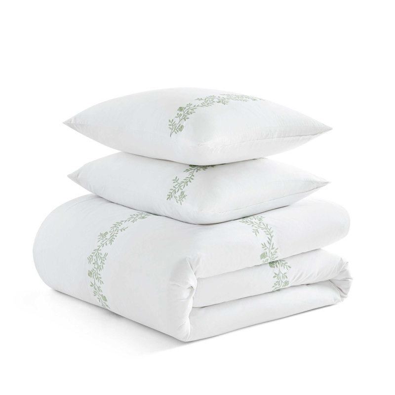 Ensemble d'édredon en coton Martha Stewart, Édredon pour grand lit + 2 taies décoratives, Motif floral vert