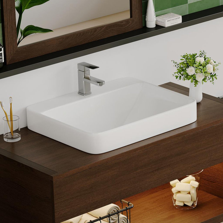 Reno 23" W x 18" D Rectangular Vitreous China Semi-Recessed Vessel Bathroom Sink with Three Overflow