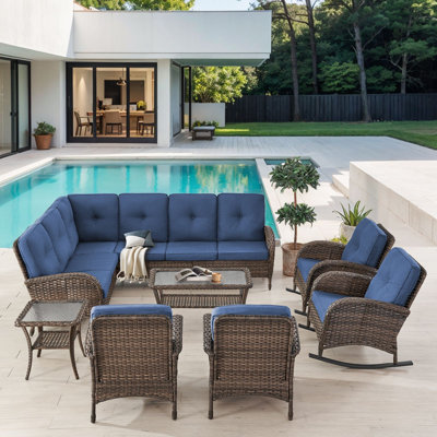 Valierius L-Shaped Outdoor Sectional Sofa Set With Rocking Chairs & Side Table