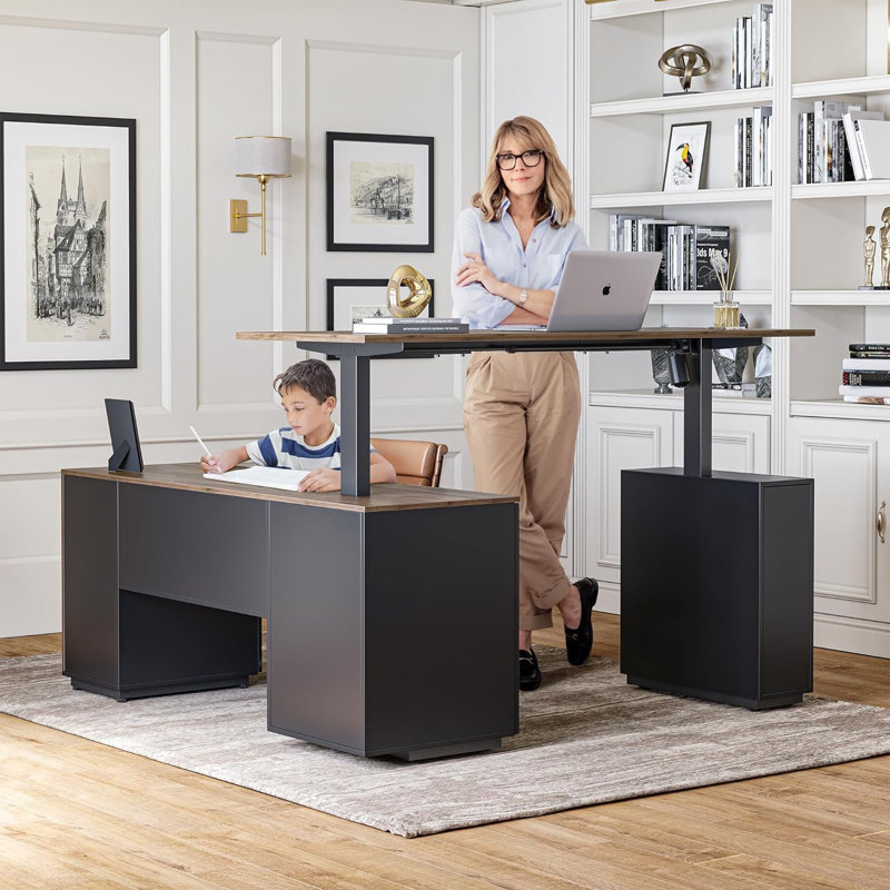 63" L Shaped Office Executive Standing Desk with File Cabinet, Black Walnut