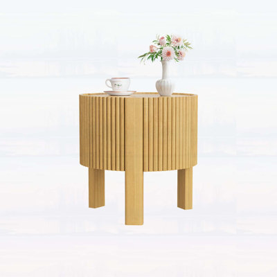 Round Fluted Side Table with Storage, Rubber Solid Wood, Soft-close Door, Natural Finish for Living Room