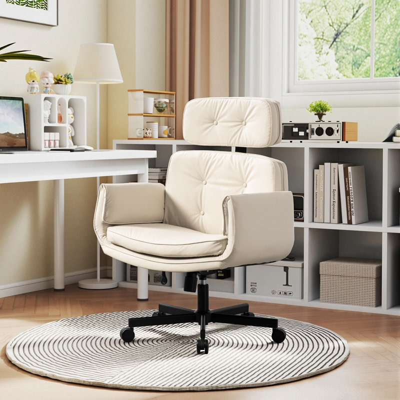 Upholstered Cross-Legged Office Chair With Adjustable Arms,Ergonomic Swivel Executive Chair With Headrest, Beige