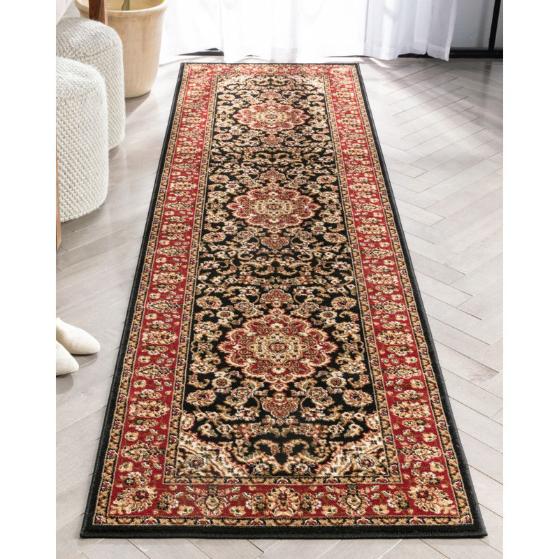 Tapis traditionnel noir Belliere Medallion Kashan, Tapis de couloir 2 pi 7 po x 9 pi 6 po