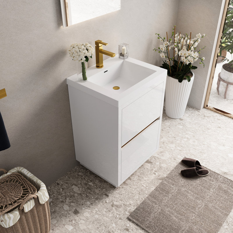 Meuble-lavabo 24 po avec lavabo, blanc brillant. Installation facile. Rangement généreux. Comptoir en résine de qualité. Meuble-lavabo autoportant en bois, installation rapide. Spacieux