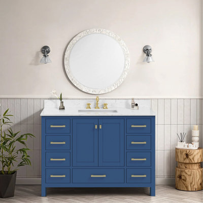 Meuble-lavabo autoportant 48 po avec comptoir 48 po, armoire de rangement en bois massif bleu