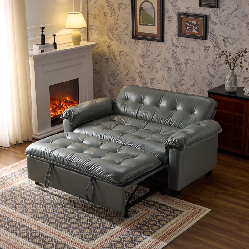 Tufted Upholstered Cat's Claw Leather Loveseat Recliner Sleeper Couch Pull Out Sofa Sofa Bed, Blue Gray