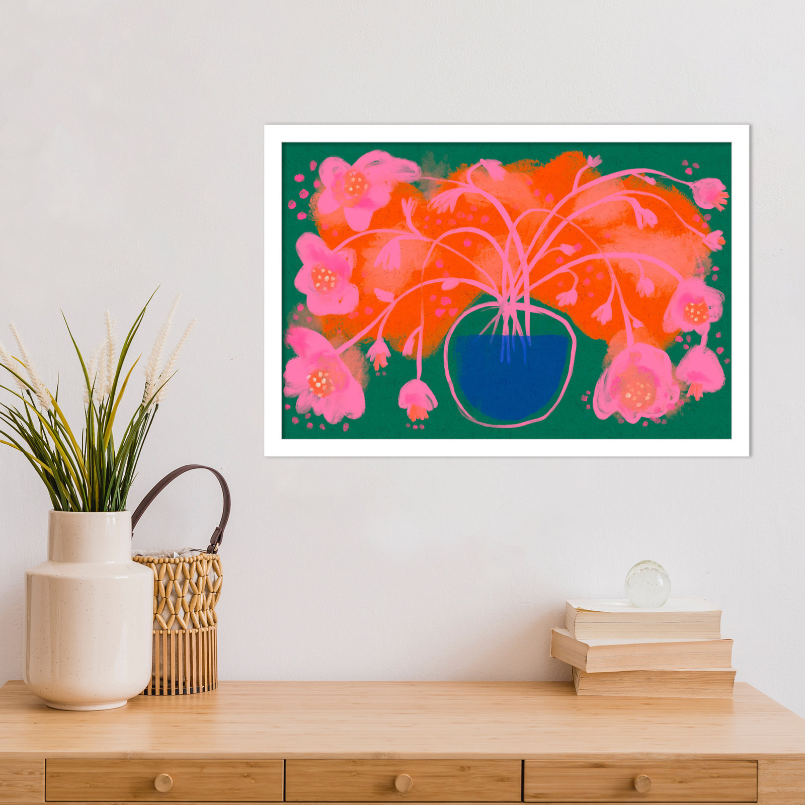 Galya "Pink Flower Bouquet" Print, White, 15" H x 21" W
