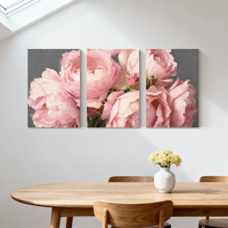 Pivoine roses roses, ensemble de 3 reproductions d'art sur toile, H 18 po x l 36 po