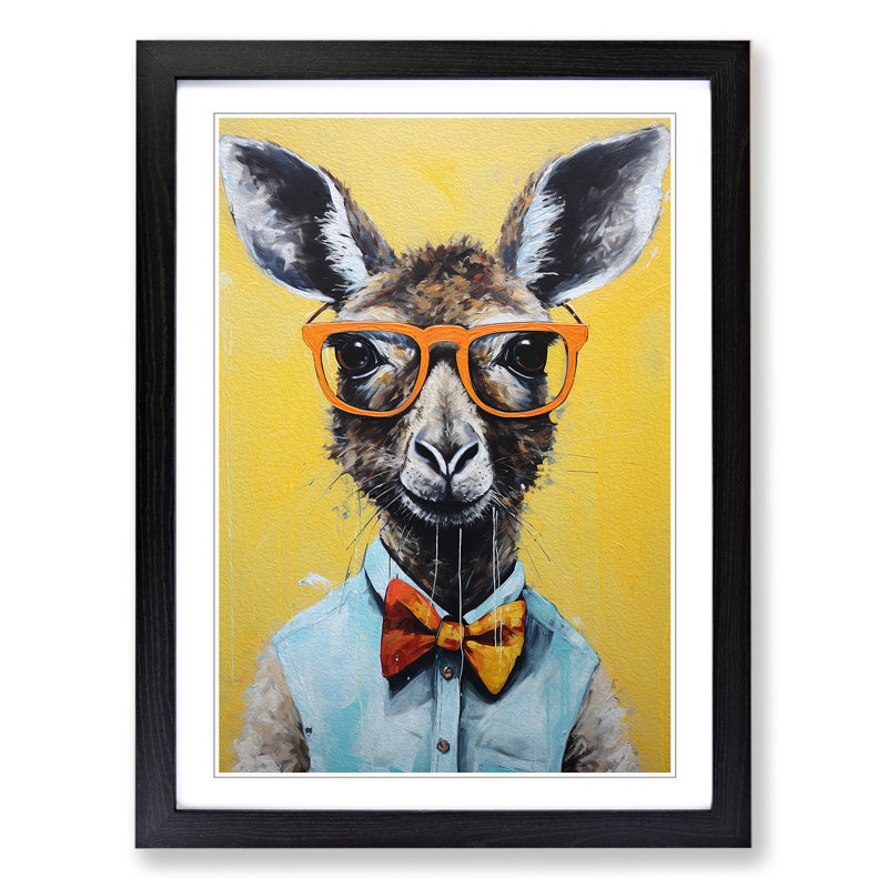 Kangaroo With Glasses - Single Picture Frame Print on Wood, 46cm H x 34cm W x 2cm D, Black