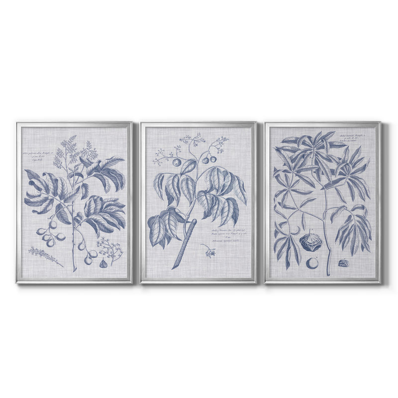 Bleu marine et lin botanique IV - Toile tendue avec châssis sur mesure - 3 pièces, 19" H x 27" W, Argent argent