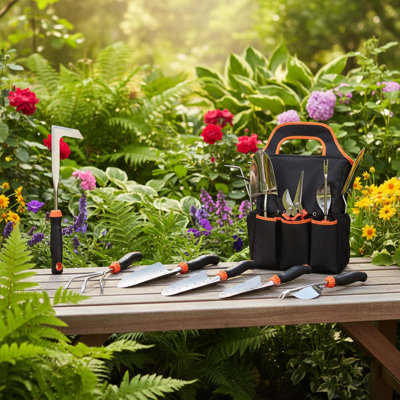 9 Piece Stainless Steel Garden Tool Set With Non Slip Rubber Grip And Storage Pocket