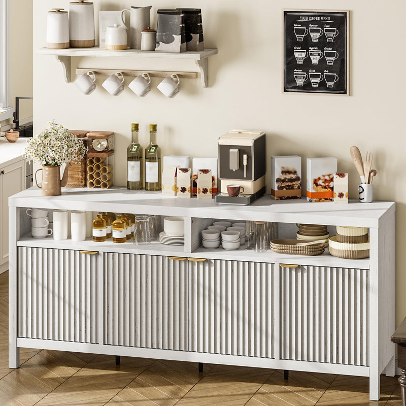 65.8" Tall Fluted Storage Cabinet with Adjustable 3-Tier Shelves, Gold Handles, Waterproof Modern Farmhouse Organizer for Entryway, Kitchen, Dining Room, or Home Office