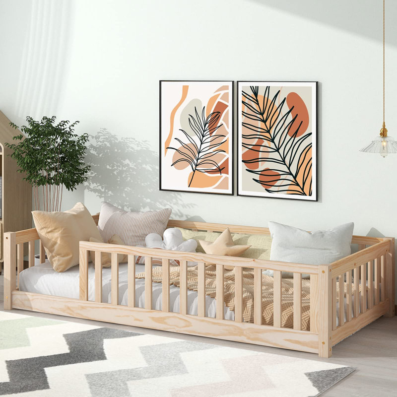 Twin Size Floor Bed For Kids With Safety Guardrails And Door And Slats,Without Door, Brown