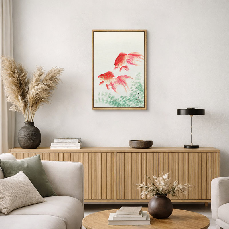 Œuvre rouge rouge, nage, poisson japonais, impression sur toile encadrée, H 24 po x l 16 po x P 1,5 po, Natural Floater Frame