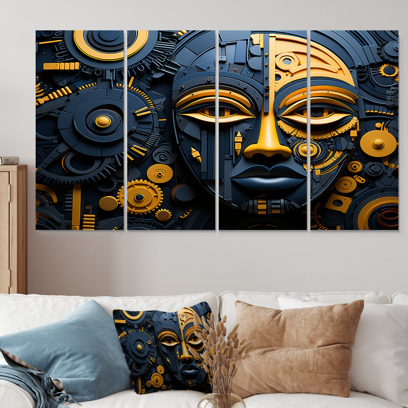 Masque africain jaune et bleu Kuba, H 28 po x l 48 po