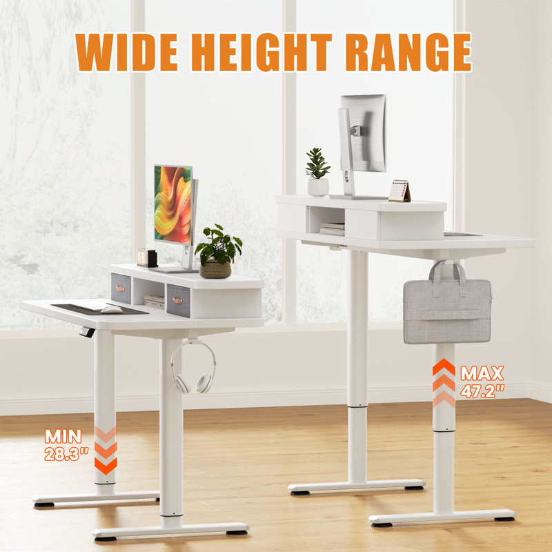 Bureau d'ordinateur électrique à hauteur ajustable avec tiroirs, Blanc / Blanc, L 47 po x P 23,6 po