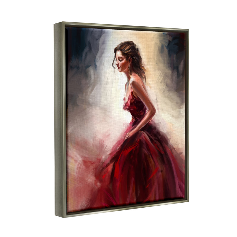 Robe femme élégante rouge par Ziwei Li, 31" H x 25" W x 1.7" D, Cadre flottant gris lustré