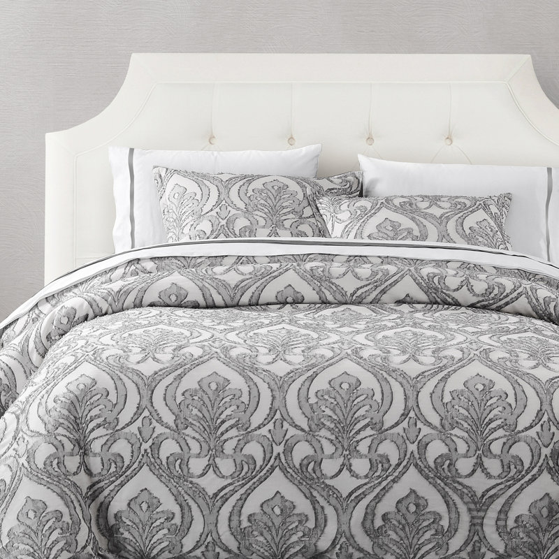 Ensemble de housse de couette décontracté gris chic en coton à motif damassé, Housse de couette pour très grand lit et 2 très