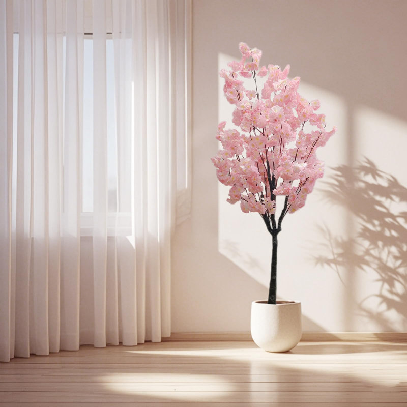 Arbre de fleurs de cerisier artificiel 5 pi 59 po, fleurs en soie rose, tiges réglables, pot, décoration intérieure / extérieure