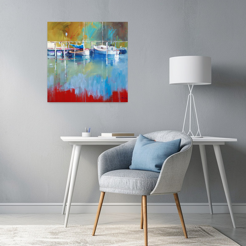 Mâts à Metung, art abstrait de paysage côtier, H 24 po x l 24 po