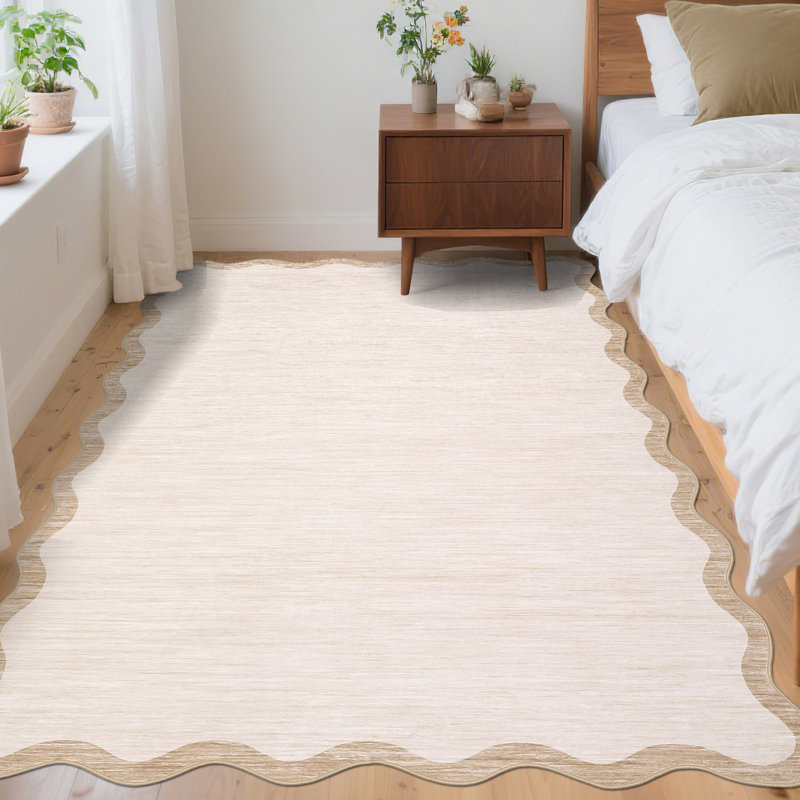 Machine Washable Rug Modern Scalloped Rug Non Slip, Neutral Indoor Carpet, Soft Non Shedding Floor Covering, Low Pile Thin Foldable Printed Mats for Living Room Bedroom Nursery