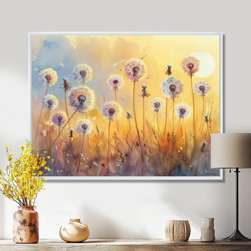 «Yellow Pink Spring Symphony Dandelion - Pissenlit», reproduction d'art mural, Cadre flottant blanc, H 30 po x l 40 po