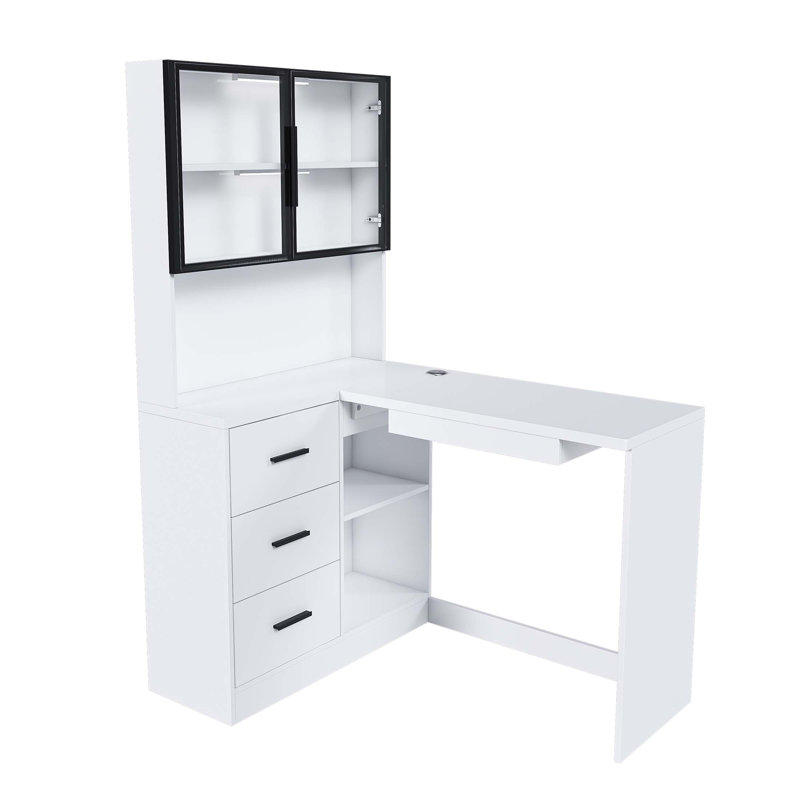Ivy Bronx 47'' L-Shaped Computer Desk with LED Lighted Glass Hutch, 62'' High Corner Office Desk with 3 Drawers and Integrated Power Outlet