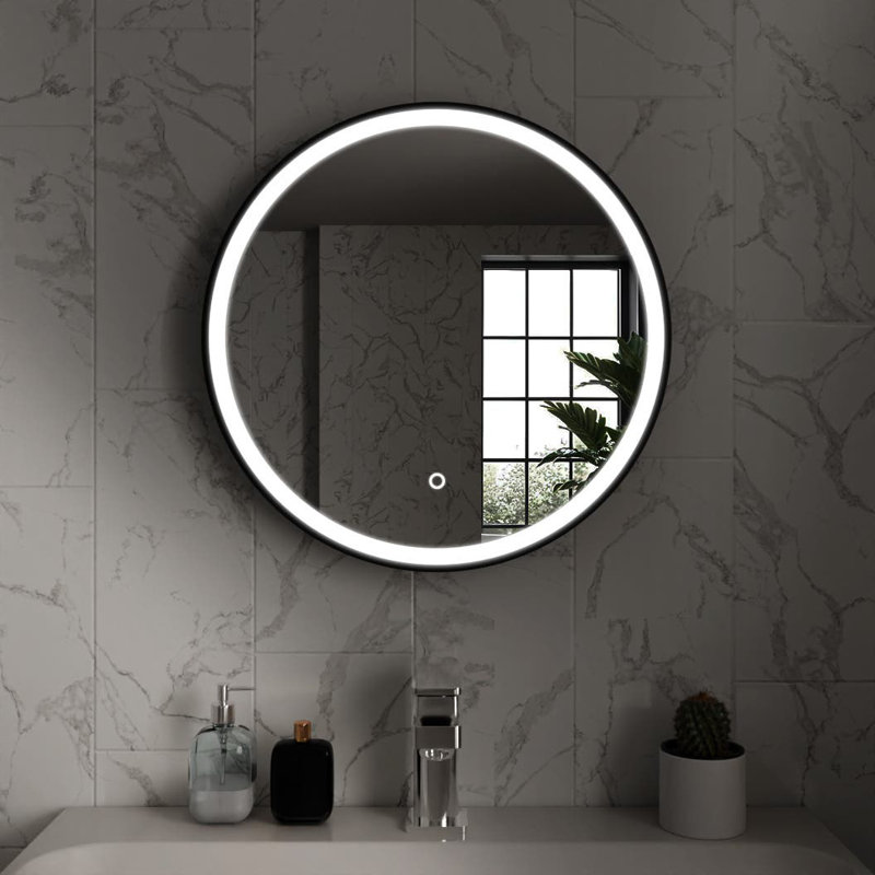 Round LED Bathroom Mirror Fog Free Touch Sensor, 60 cm H x 60 cm W, Matt Black