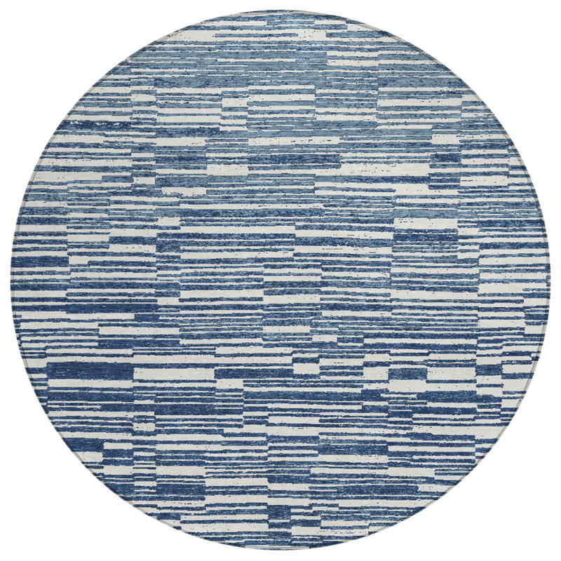 Machine Washable Indoor/Outdoor Chantille ACN2907 Striped Rug, Navy, 8' Round
