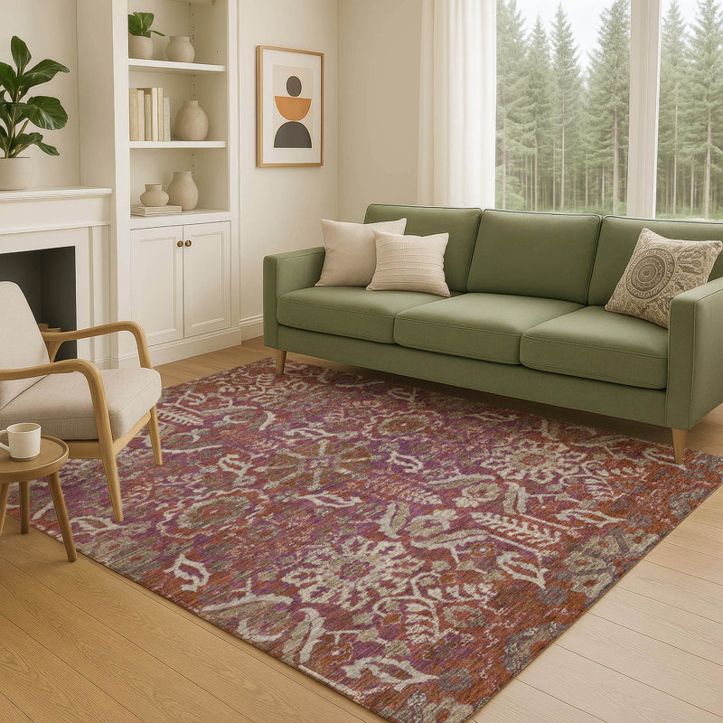 Tapis damassé intérieur / extérieur lavable à la machine ACN2617, Aubergine, 5 pi x 7 pi 6 po
