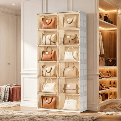 JEKO&JEKO 6-Tier Foldable Handbag Storage Cabinet with Magnetic Doors, Double Column Tote Bag Organizer, White