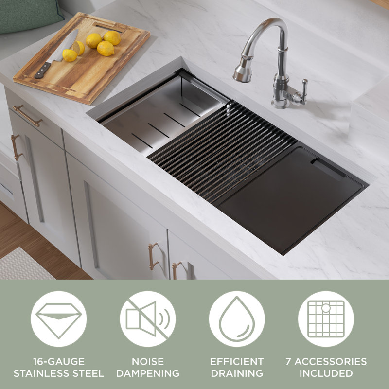 Évier de bureau encastré à simple cuve en acier inoxydable de calibre 16 avec accessoires 36 "Whitehaus, 36"