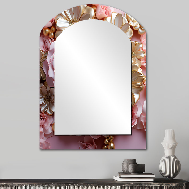 Tender White And Light Pink Liquid Flower Art - Abstract Shapes Asymmetrical Decorative Mirror, Modern Arch Wall Mirror, Printed Metal Art