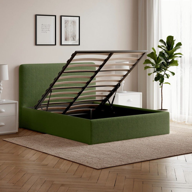 Revaz Upholstered Velvet Lift Up Storage Bed Frame, Double (4'6), Vine Green