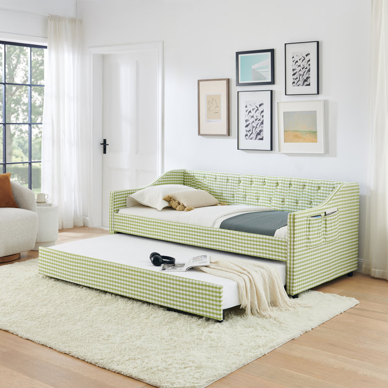 Twin‑Size Daybed,Upholstered Convertible Daybed with Tufted Button Backrest, 3‑in‑1 Versatile Sofa Bed with Pull‑Out Trundle & Side Storage, Perfect for Compact Living