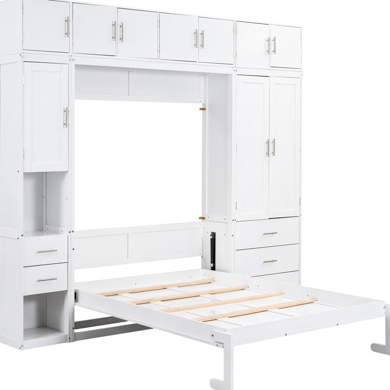 Lit double avec installation vidéo - Espace blanc avec cadre solide avec casiers et tiroirs
