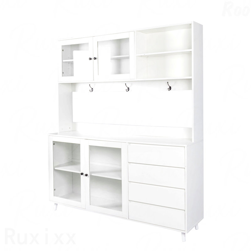 63" W White Large Kitchen Hutch Cabinet - Freestanding Pantry, 4 Doors, 4 Drawers & Microwave Shelf, Storage Cupboard, White