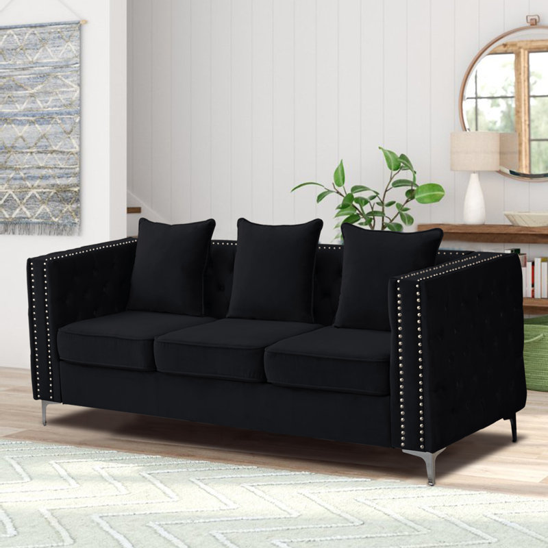 Habbe 84.6'' Velvet Sofa, Black Velvet