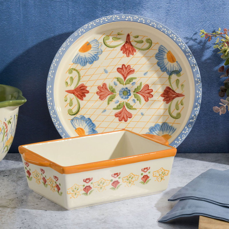 Laurie Gates Tierra Hand Painted 2 Piece 1.8 Qt Pie Dish And 1.6 Qt Bakeware Set