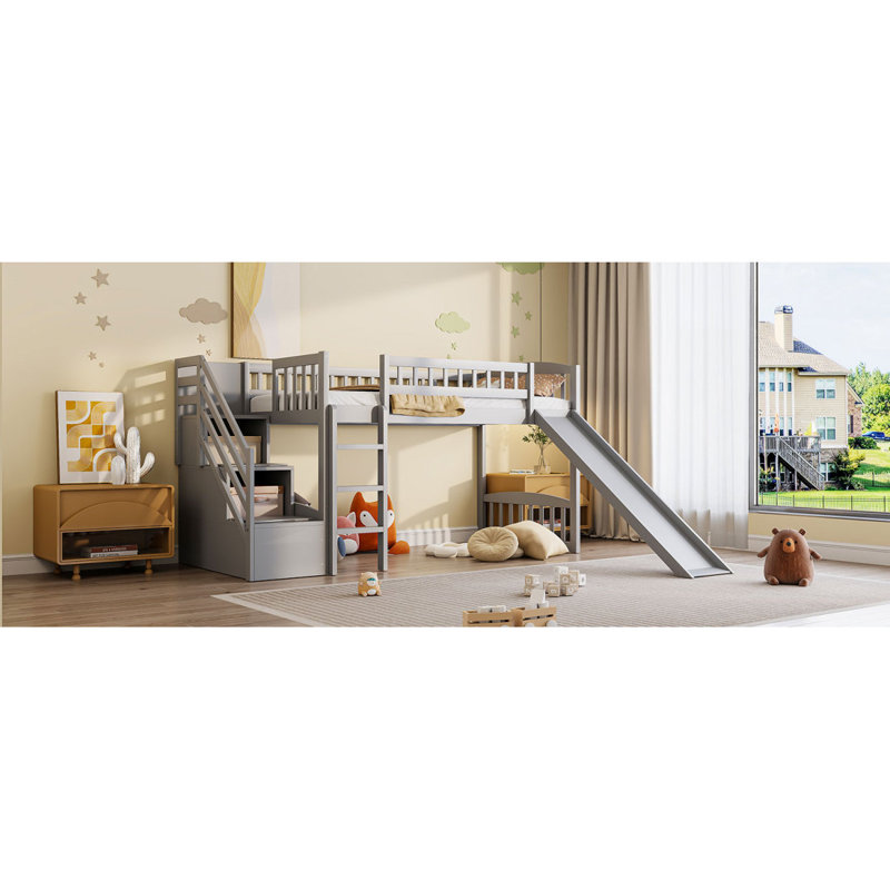 Lit mezzanine simple avec deux tiroirs et glissière Stairway, gris