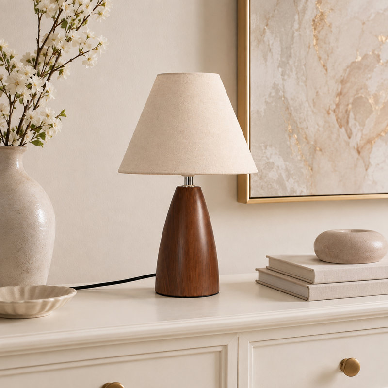Lampe de table en noyer, lampe de chevet H 13,2 po avec abat-jour en tissu, interrupteur en ligne à 3 voies et ampoule E26 chaude incluse