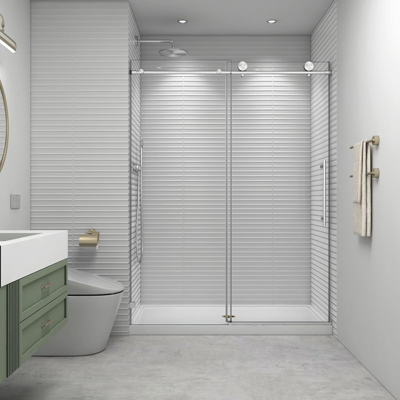 56"- 60" W X 76" H Soft Closing Sliding Frameless Black Shower Doors,water Repellent Shower Door,5/16" (8mm) Transparent Tempered Glass,brushed Nickel